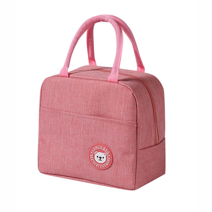 Geanta termoizolanta pentru pranzul copiilor, pentru pastrarea termica a alimentelor, cu maner si fermoar, Roz, 23x21x13cm