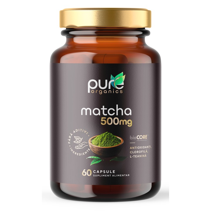 PureOrganics Matcha 500 mg - Energie Naturala si Suport Antioxidant, 60 capsule, Organic, Fara aditivi, bioCORE 4x Absorbtie