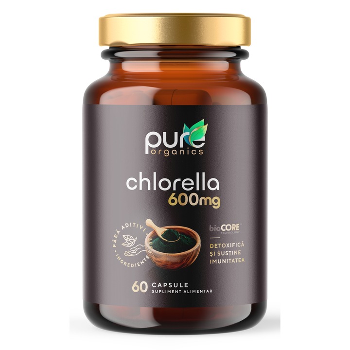 PureOrganics Chlorella 600 mg - Detoxifiere si Suport pentru Energie, 60 capsule, Organic, Fara aditivi, bioCORE 4x Absorbtie