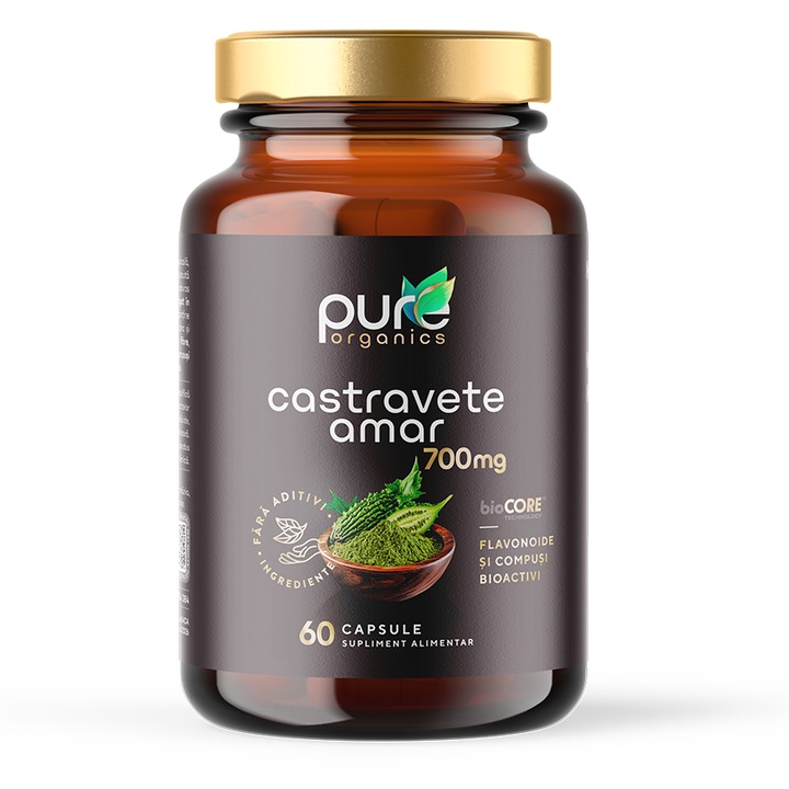 PureOrganics Extract de Castravete Amar 700 mg - Sustinere pentru Metabolismul Glucozei si Detoxifiere, 60 capsule, Organic, Fara aditivi, bioCORE 4x Absorbtie
