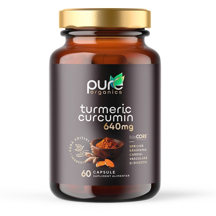 PureOrganics Curcumin - Turmeric 640 mg - Suport Antiinflamator si Antioxidant, 60 capsule, Organic, Fara aditivi, bioCORE 4x Absorbtie