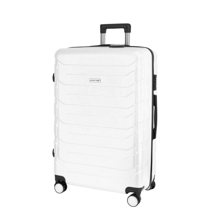 Куфар за кабината на самолета, Omna, 40 L, 38x24x57 cm, ABS, Код, Телескопична дръжка, Кодова ключалка, TSA код, 4 въртящи се колела с въртене на 360°, Твърд куфар, Презрамки за багаж, Бял