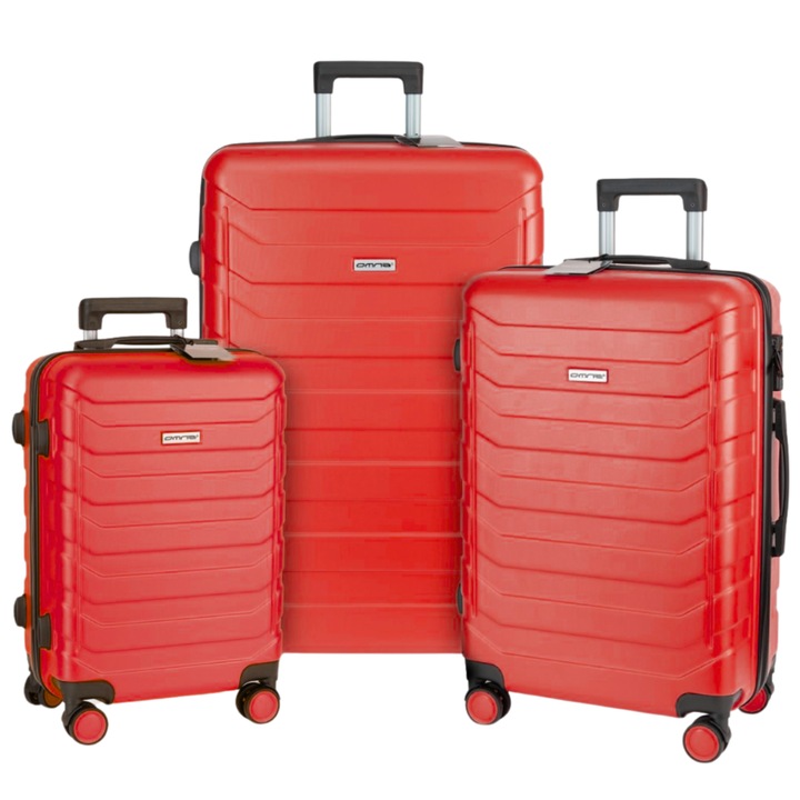 Комплект от 3 самолетни колички, Omna, 94/63/40 L, 38x24x57/44x27x67/49x30x76 см, ABS, Код, Телескопична дръжка, Кодово заключване, TSA код, 4 въртящи се колела с въртене на 360°, Твърд калъф, Ремъци за фиксиране багаж, червен