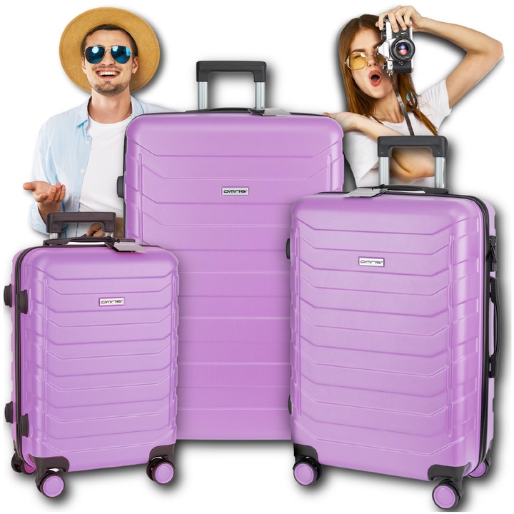 Set 3 Trolere cabina avion, Omna, 94/63/40 L, 38x24x57/44x27x67/49x30x76 cm, ABS, Cifru, Maner telescopic, Inchidere cu cifru, Cifru TSA, 4 roti spinner cu rotatie 360°, Carcasa dura, Bretele pentru fixarea bagajului, Violet