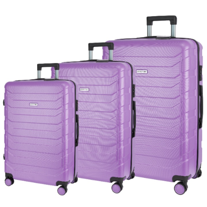 Комплект от 3 самолетни колички, Omna, 94/63/40 L, 38x24x57/44x27x67/49x30x76 см, ABS, Код, Телескопична дръжка, Кодово заключване, TSA код, 4 въртящи се колела с въртене на 360°, Твърд калъф, Ремъци за фиксиране багажа, Вайълет