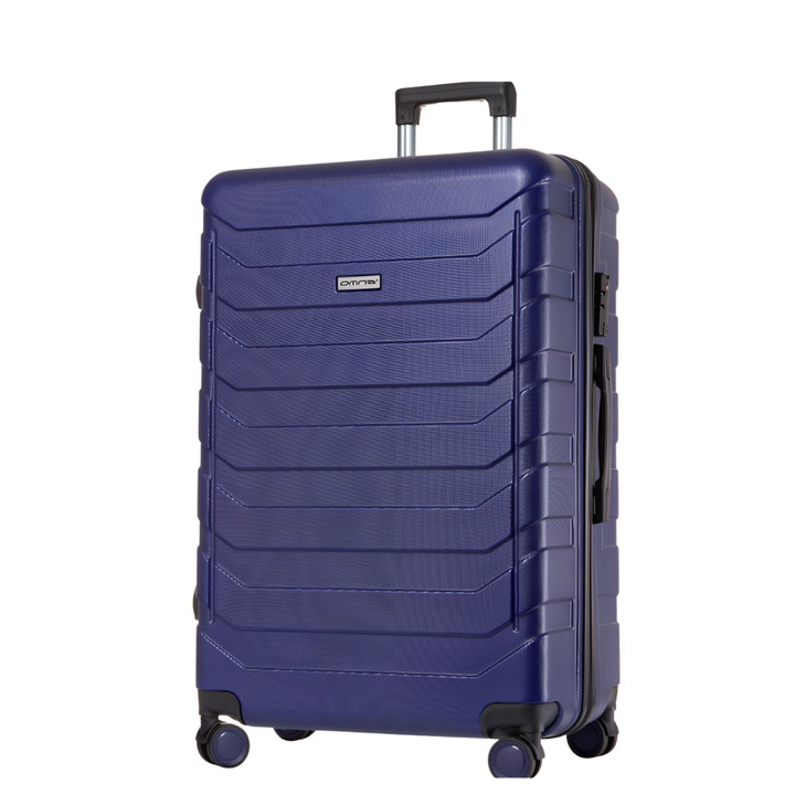 Куфар в кабината на самолета, Omna, 40 L, 38x24x57 cm, ABS, Код, Телескопична дръжка, Кодова брава, TSA код, 4 въртящи се колела с въртене на 360°, Твърд куфар, Презрамки за багаж, Син