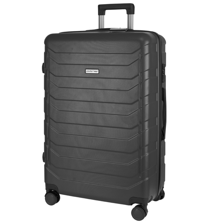 Куфар в кабината на самолета, Omna, 63 L, 44x27x67 cm, ABS, Код, Телескопична дръжка, Кодова ключалка, TSA код, 4 въртящи се колела с въртене на 360°, Твърд куфар, Презрамки за багаж, Черен