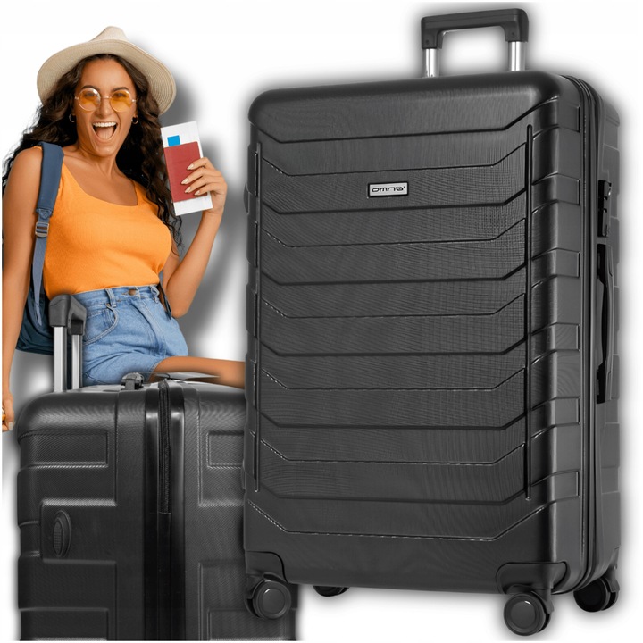 Troler cabina avion, Omna, 63 L, 44x27x67 cm, ABS, Cifru, Maner telescopic, Inchidere cu cifru, Cifru TSA, 4 roti spinner cu rotatie 360°, Carcasa dura, Bretele pentru fixarea bagajului, Negru