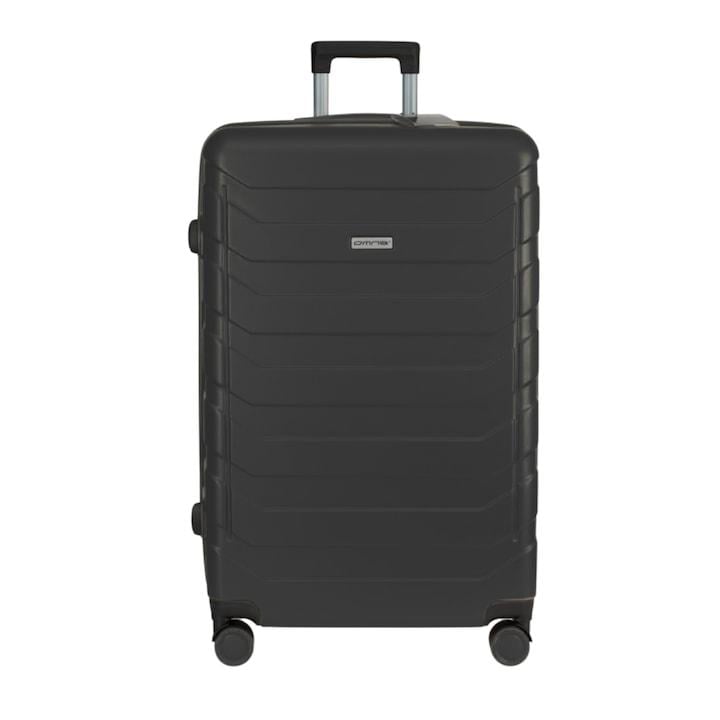 Troler cabina avion, Omna, 40 L, 38x24x57 cm, ABS, Cifru, Maner telescopic, Inchidere cu cifru, Cifru TSA, 4 roti spinner cu rotatie 360°, Carcasa dura, Bretele pentru fixarea bagajului, Negru