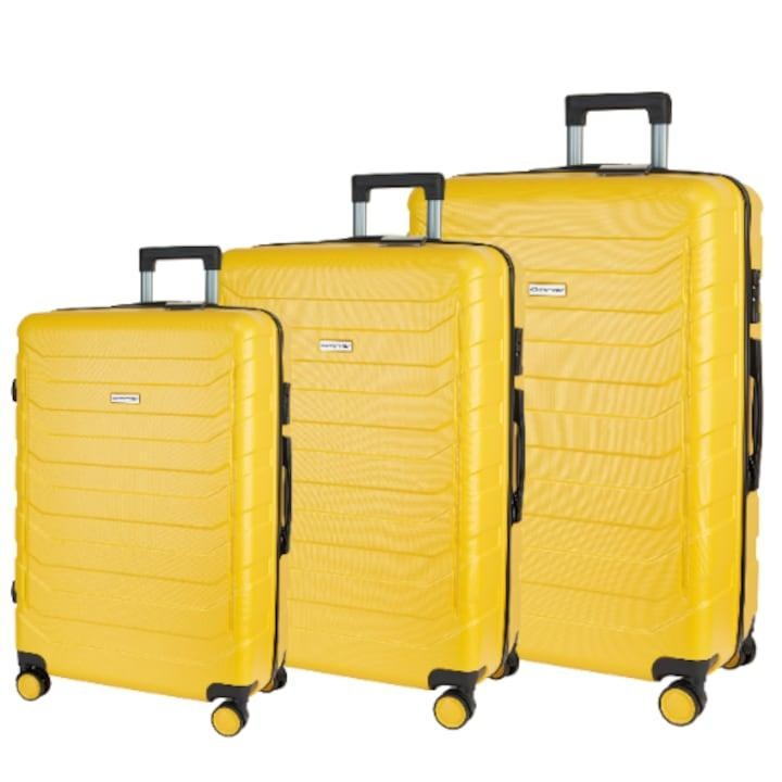 Set 3 Trolere cabina avion, Omna, 94/63/40 L, 38x24x57/44x27x67/49x30x76 cm, ABS, Cifru, Maner telescopic, Inchidere cu cifru, Cifru TSA, 4 roti spinner cu rotatie 360°, Carcasa dura, Bretele pentru fixarea bagajului, Galben