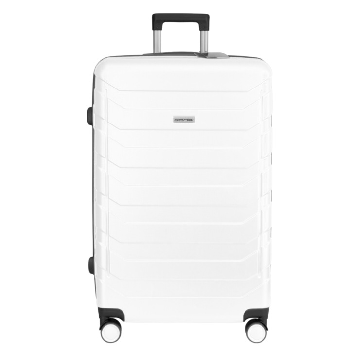 Куфар в кабината на самолета, Omna, 63 L, 44x27x67 cm, ABS, Код, Телескопична дръжка, Кодова брава, TSA код, 4 въртящи се колела с въртене на 360°, Твърд куфар, Презрамки за багаж, Бял