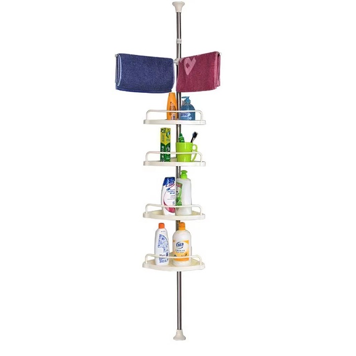 Macvi® Kihúzható Fürdőszobai Polc, 4 Polc és Akasztó, Sarok Kialakítás, 3 Akasztó, 100-260 cm, Fehér