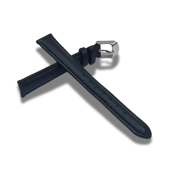 Curea Ceas Piele Naturala Neagra 14 mm Fara Imprimeu Catarama Clasica Argintie