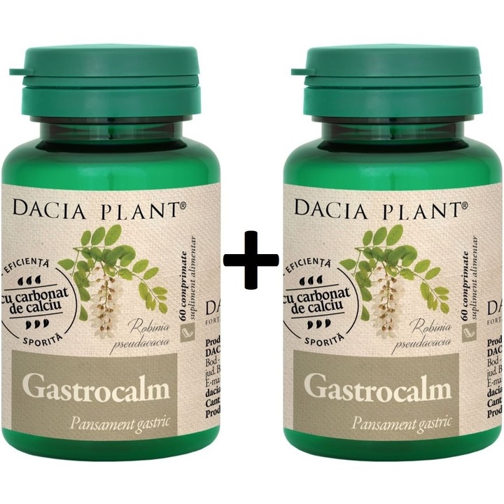 Pachet GastroCalm "Pansament gastric", cu carbonat de calciu, eficient in aciditate gastrica, arsuri, dureri de stomac, 2x60cp, Dacia Plant