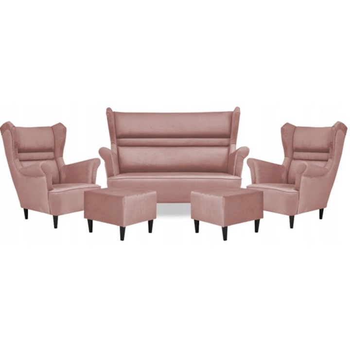 Kanapé 2 fotellel és 2 lábtartóval, Modell Zoja, Family Meble, Skandináv stílusú, Bársony/Fa, 149x92 cm, Púderrózsaszín