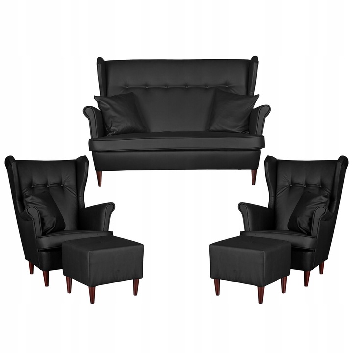 Kanapé 2 fotellel és 2 lábtartóval, Modell Eko Skóra, Family Meble, Skandináv stílusú, Műbőr/Fa, 160x92 cm, Fekete