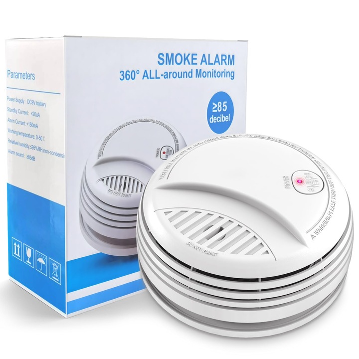 Detector de fum, interconectat, cu indicator LED si buton de silentios, alimentat cu baterie 9V