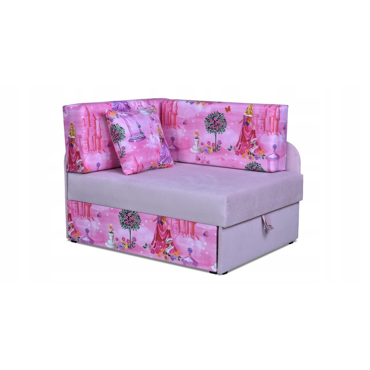 Gyermek sarokkanapé, Modell Bambino, Family Meble, Kihúzható, Szövet/Fa, 78x80x107/180 cm, Sokszínű, Hercegnő