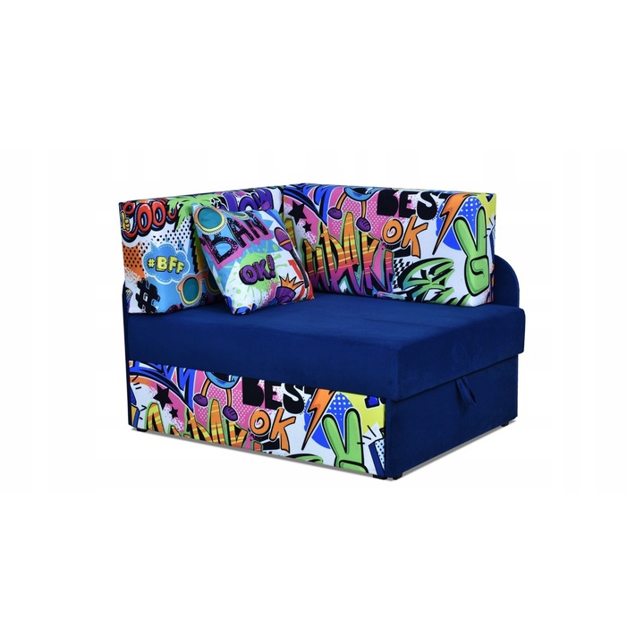 Gyermek sarokkanapé, Modell Bambino, Family Meble, Kihúzható, Szövet/Fa, 78x80x107/180 cm, Sokszínű, Képregények