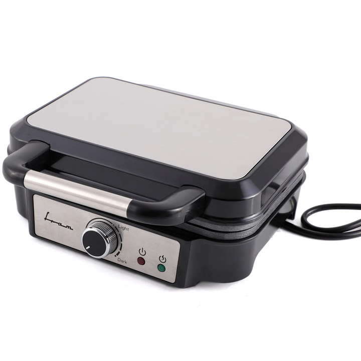 Гофретник Fram FAG-M1000BKSS, 1000W, капацитет 2 вафли, фиксирани плочи с незалепващо покритие, регулируема температура, светлинен индикатор, декорация от неръждаема стомана, капак, дръжка и панел, черен/сив