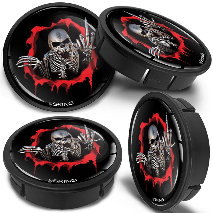 SkinoEu könnyűfém keréktárcsa készlet, külső átmérő 60 mm, belső átmérő 56 mm, könnyűfém keréktárcsákhoz, univerzális, fekete, koponyaminta, CX 20, 4db