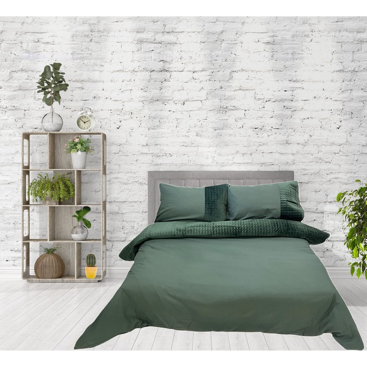 Lenjerie de pat cu insertie de catifea, 200x220 cm, verde inchis