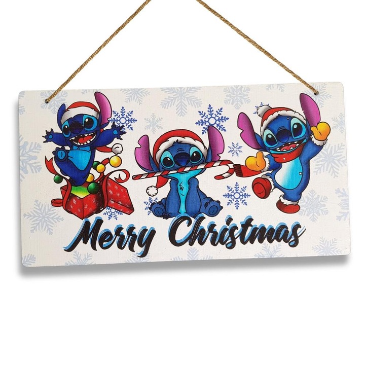 Nyomtatott fa tábla - Stich Merry Christmas 24, 3x13cm