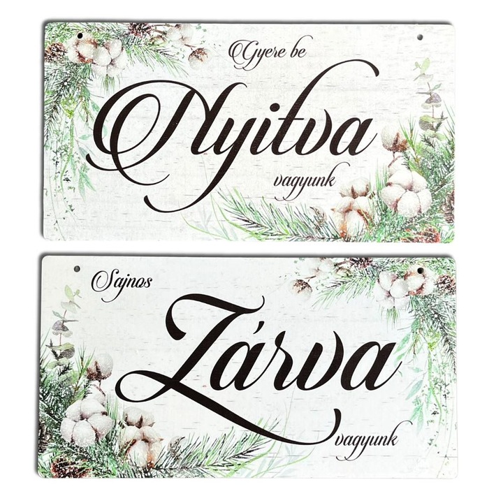 Nyomtatott fa tábla - Zárva-Nyitva tábla - téli gyapotvirággal 24, 3x13cm