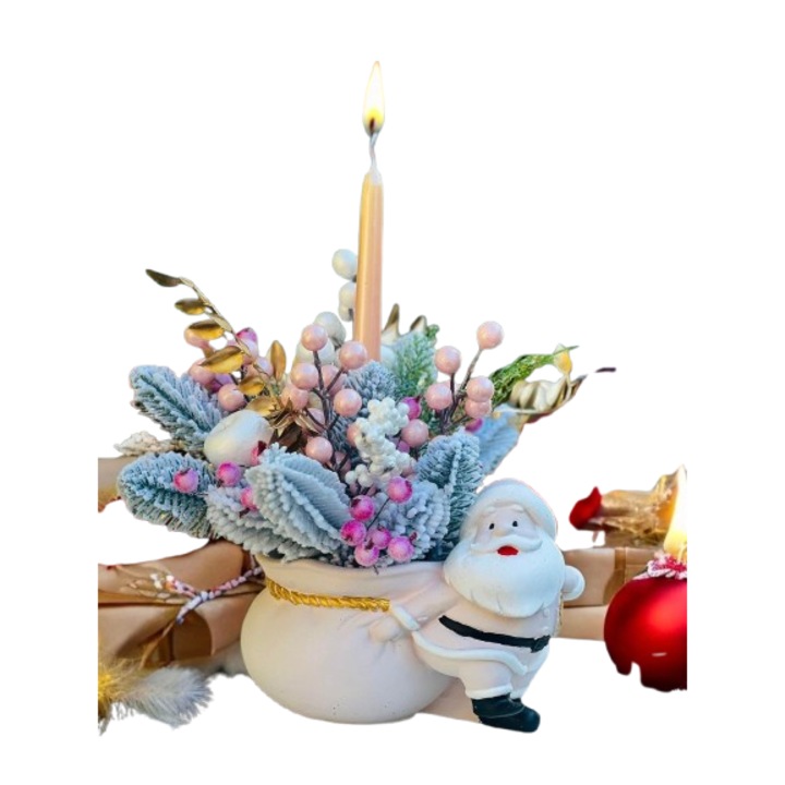 Set vaza ipsos cu aranjament floral Mos Craciun