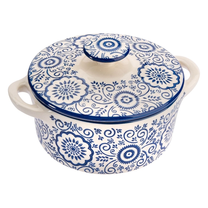 Бяла порцеланова купа със сини шарки и капак за супа 600 мл