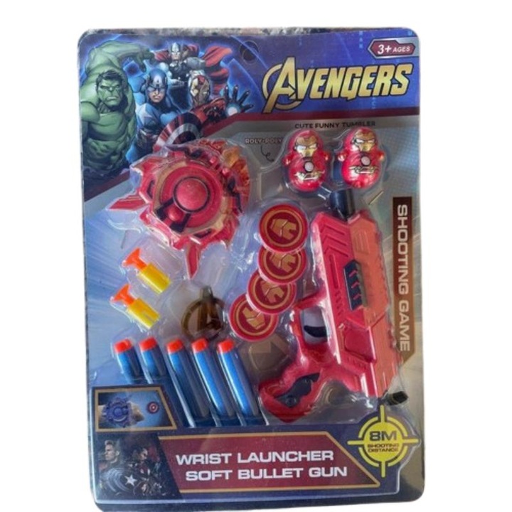 Set de joaca Iron, cu lansator, discuri, pistol cu gloante din burete, ventuze si 2 Roly, 25 cm, 3 ani+