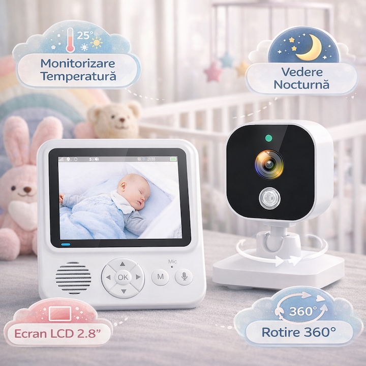 Baby Monitor Digital Wireless Audio-Video Smart BabyCam idealSTORE, Ecran HD 2, 8 inch LCD, 8 Cantece de Adormit, Monitorizare Temperatura, Functie Nocturna, Mod VOX, Bidirectional, ECO Mode, Rotire 360°, Memento de Alaptare, 5 Ceasuri pentru Alarma, Raza
