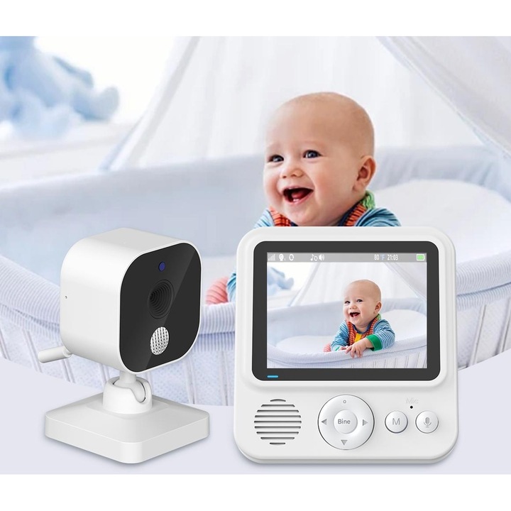 Baby Monitor Digital Wireless Audio-Video Smart BabyCam idealSTORE, Ecran HD 2, 8 inch LCD, 8 Cantece de Adormit, Monitorizare Temperatura, Functie Nocturna, Mod VOX, Bidirectional, ECO Mode, Rotire 360°, Memento de Alaptare, 5 Ceasuri pentru Alarma, Raza