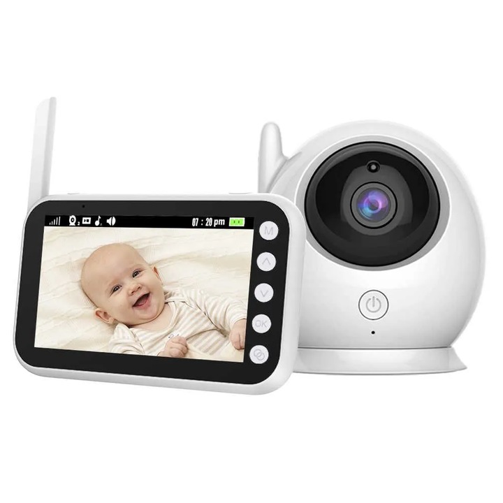 Бебефон idealSTORE BabyKonect, Покритие 260m, Нощно виждане, Разпознаване на равнина, Завъртане на 360°, Дисплей за стайна температура, Двупосочна комуникация, Аларма за кърмене, Приспивни песни, Голям екран 4,3 инча, Сензорен екран, VOX режим
