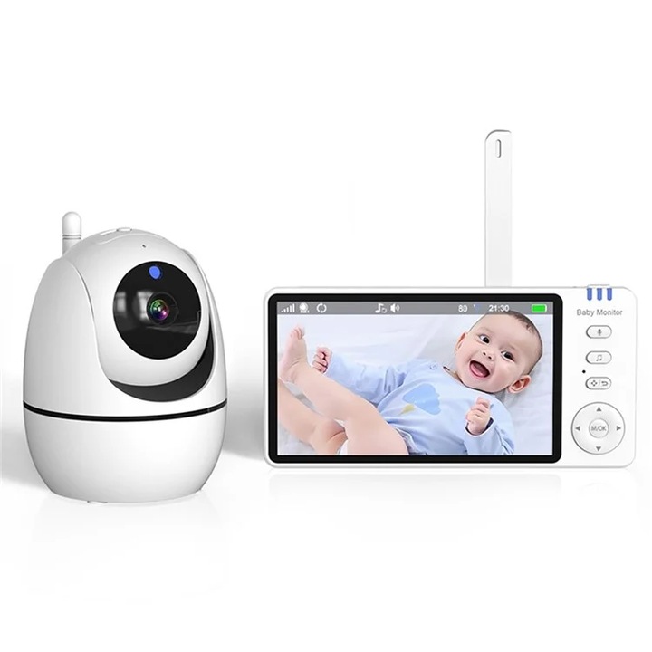Бебефон и камера IdealSTORE KidsGuard, Ъгъл 355°, Наклон 110°, Нощно виждане, Увеличение 4X, Далечен обхват 1300 м, Предупреждение за температура, 2-посочна комуникация, Аларма, 30 часа автономност, VOX режим, Голям 5" екран , Приспивни песни
