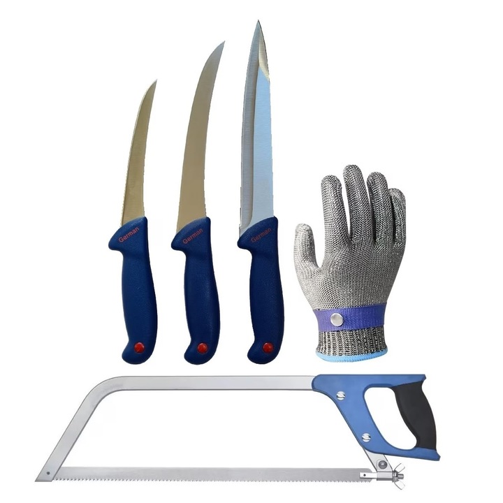 Set Profesional macelar format din 3 cutite dezosat, filetat, injunghiat, otel inoxidabil, Fierastrau pentru oase si Manusa macelar anti taiere plasa inox marime L