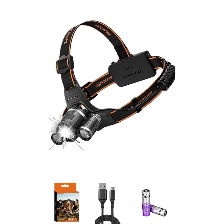 ELITY fejlámpa, 3x fényforrás, 4x üzemmód, Full LED, újratölthető akkumulátor, víz- és ütésálló, ideális horgászathoz, túrázáshoz, javításokhoz, kemping USB-C kábel, elemmel