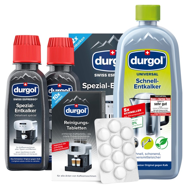 Set Durgol 3in1, compus din detartrant special Swiss Espresso 2 x 125 ml, tablete curatare 10 x 1.6 g si decalcificator lichid cu actiune rapida pentru aparate de uz casnic 500 ml