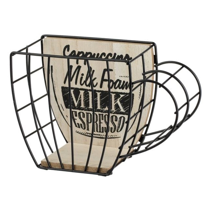 Suport in forma de ceasca pentru capsule de cafea "Cappuccino Milk Foam Milk Espresso", metal cu baza lemn, 19x8x12.5cm
