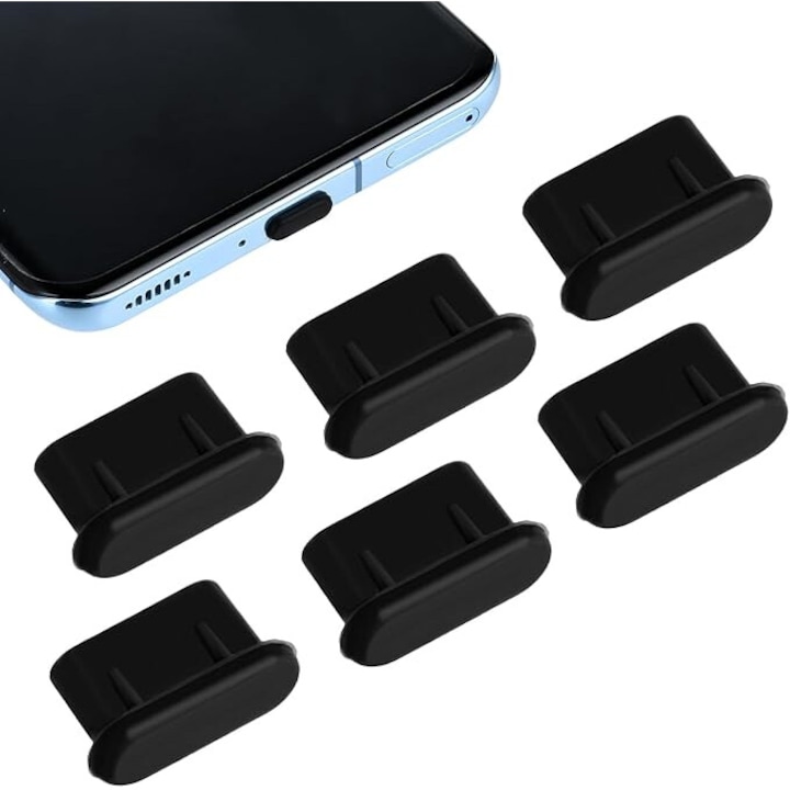 Set 6 mufe pentru protejarea de praf a porturilor USB-C si AUX, SA&SO General Store®, negru