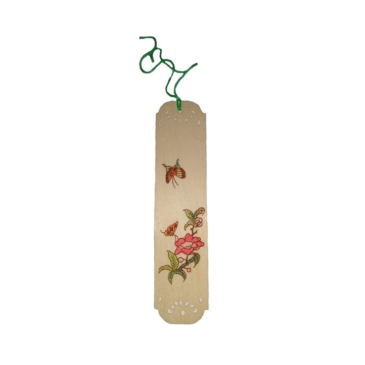 Semn de carte din lemn subtire cu doi fluturi multicolori si o floare Newt10023