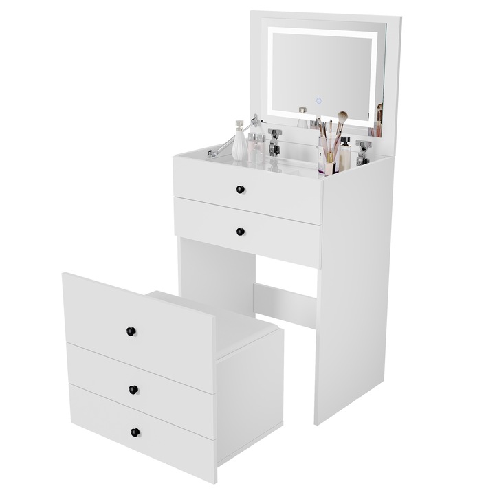 Тоалетка 3 в 1, със сгъваемо огледало и LED, безкрайно регулируема, 4 чекмеджета, бяла, 83x45x60 см