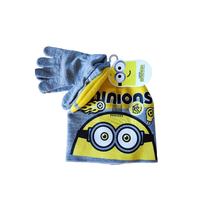 Set caciula si manusi Minions, gri, acril, pentru baieti, Gri