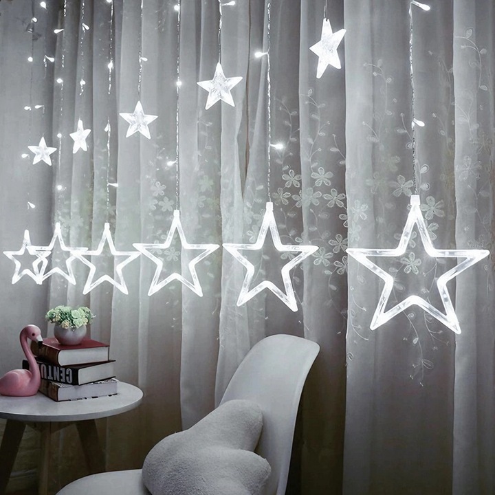 Instalatie de Craciun Tip Perdea Teno®, 3x3 m, model stelute, 8 jocuri de lumini, alimentare la priza, fir transparent, interior/exterior, rezistenta la apa, 12 figurine, alb rece