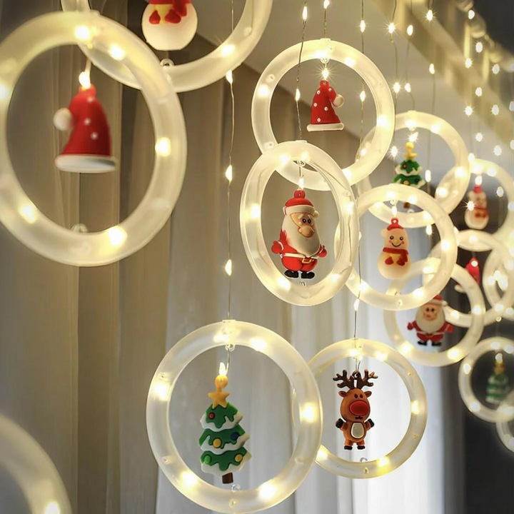 Instalatie Craciun Cercuri cu Figurine, Tip Perdea, 3M, Alb Cald