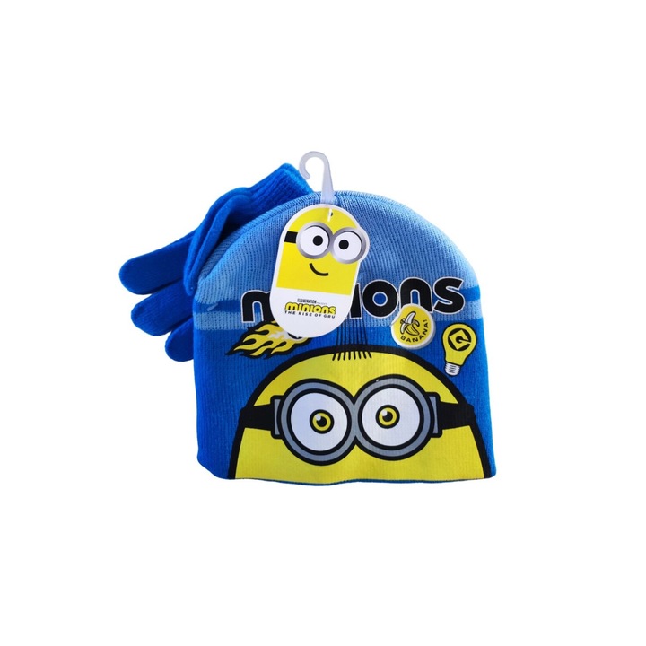 Set caciula si manusi Minions, albastru, material acrilic, pentru baieti, Albastru