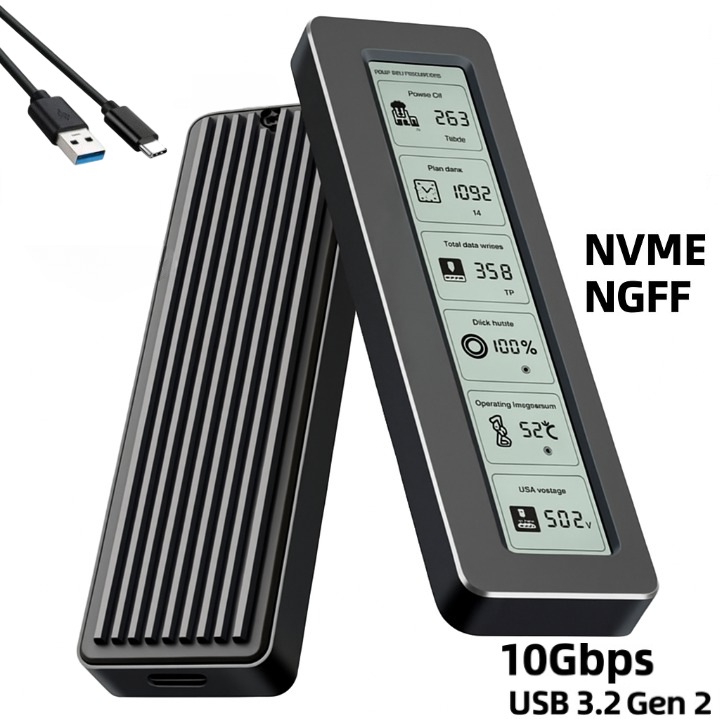 Carcasa Rack Externa SSD pentru M.2 NVMe/NGFF, Viteza 10Gbps, Conector USB-C, Capacitate maxima 8TB, Interfata USB 3.2 Gen 2, Material Aluminiu, Ecran LCD, Suport dual protocol pentru SSD-uri M.2 PCIe NVMe si SATA NGFF, Plug & Play, Negru