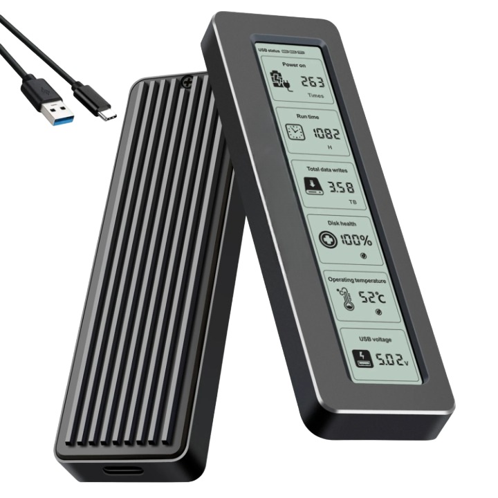 Външен SSD калъф за M.2 NVMe/NGFF, скорост 10Gbps, USB-C конектор, максимален капацитет 2TB, USB 3.2 Gen 2 интерфейс, алуминиев материал, LCD екран, поддръжка на двоен протокол за M.2 PCIe NVMe и SATA SSD NGFF, Plug & Play, черен