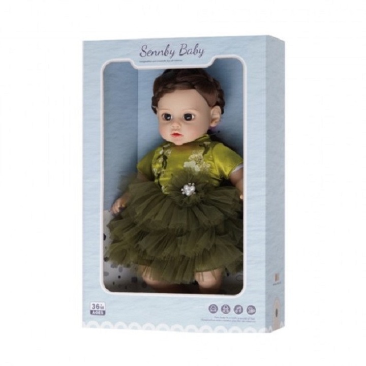 Papusa cu corp moale si 6 sunete 35 cm bruneta cu rochie verde