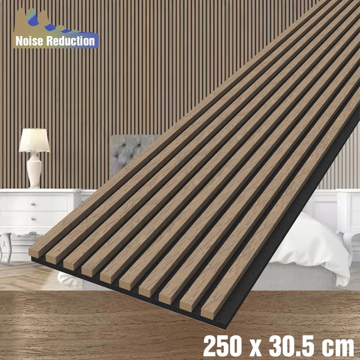 Riflaj decorativ acustic, MDF, furnir, pasla, panou riflaj lemn de perete, interior, living, hol, mahon, Riflaj Maro, 2500x305mm, 0.76 m², Callena